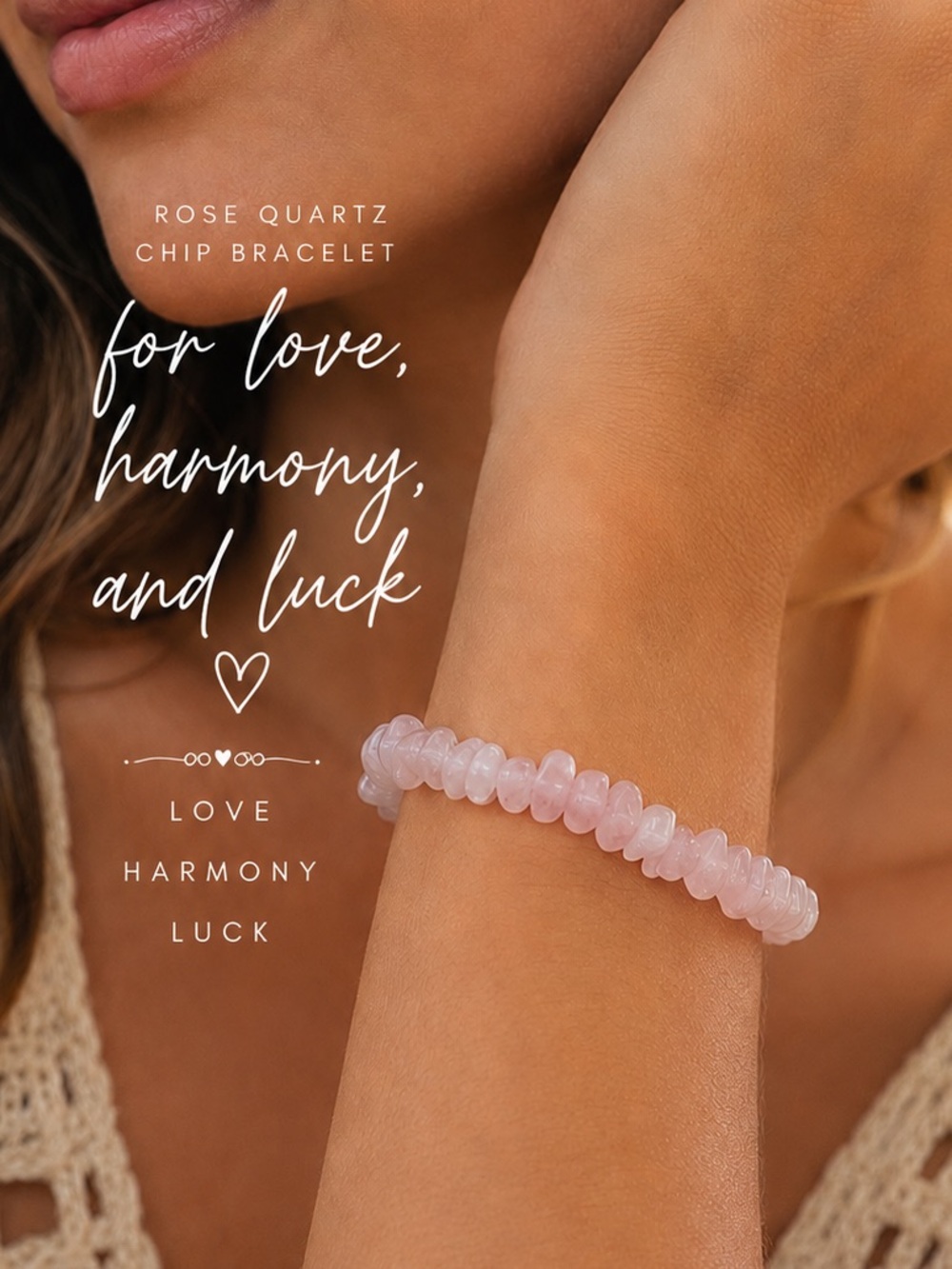 Rose Quartz Chip Stretch Bracelet in Pink—Love-Harmony & Luck Brand New